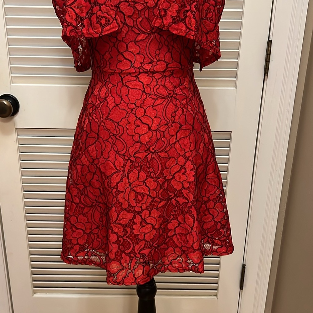 GB Dress~ Elegant Red Lace Off-Shoulder in Red with Black, Size XS, EUC - Picture 6 of 17